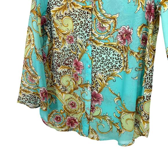 Slinky Brand Sz Large Super Sheer Tropical Floral Long Sleeve Blouse Shirt Top - Picture 6 of 9